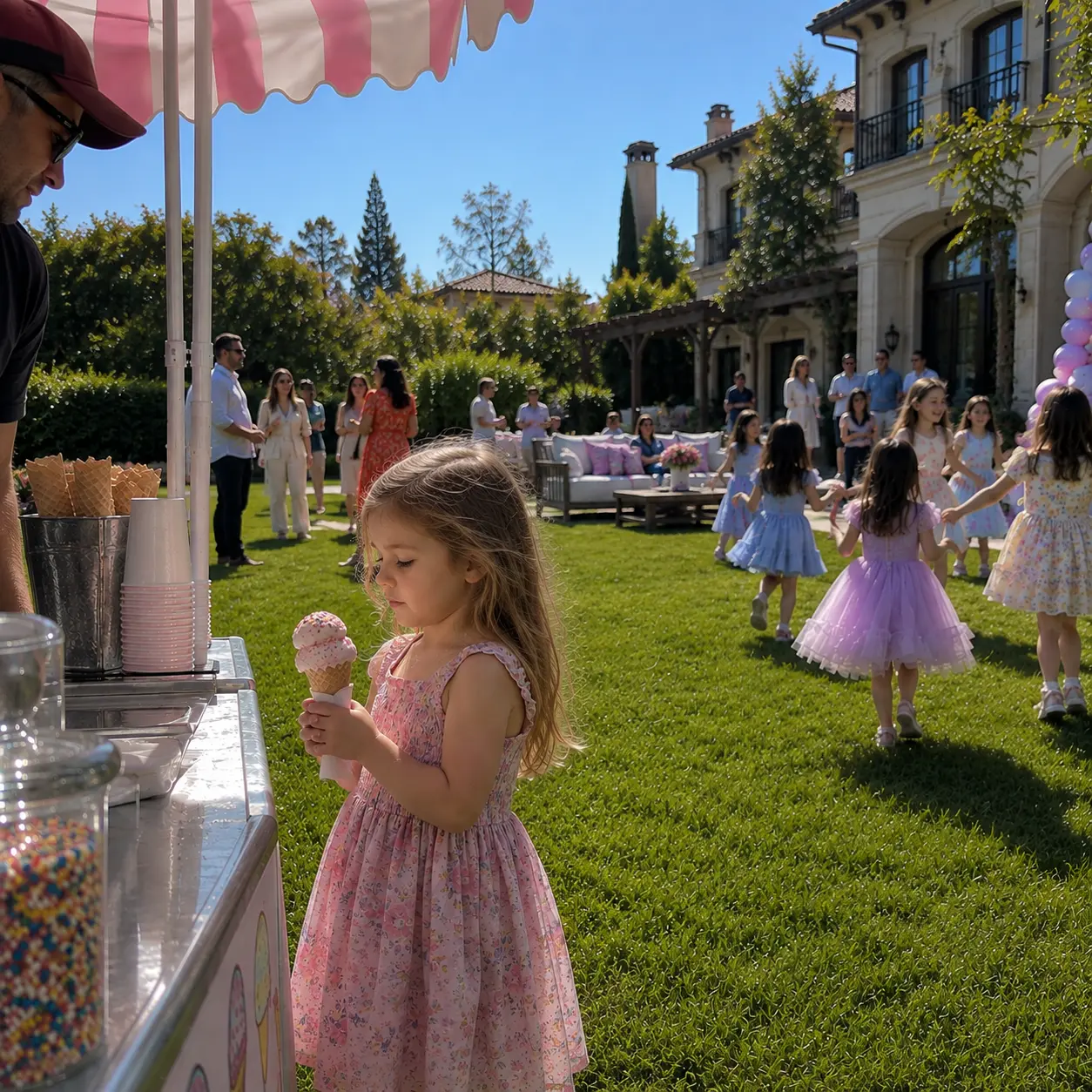 A little girl in a pink dress holding an ice cream cone at the birthday party